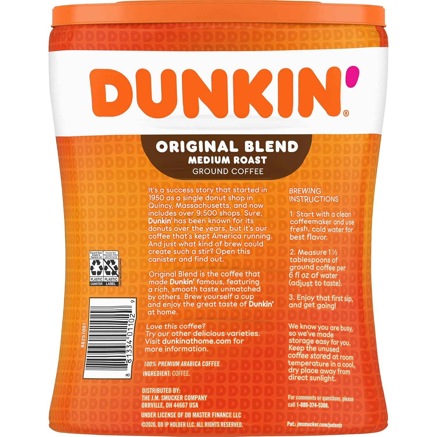 Dunkin' Original Blend Ground Coffee, Medium Roast, 30-Ounce Canister (Pack of 4)