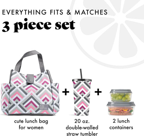 Fit & Fresh Lunch Bag For Women, Insulated Womens Lunch Bag For Work, Leakproof & Stain-Resistant Large Lunch Box For Women With Containers and Matching Tumbler, Snap Closure Westport Bag Magenta