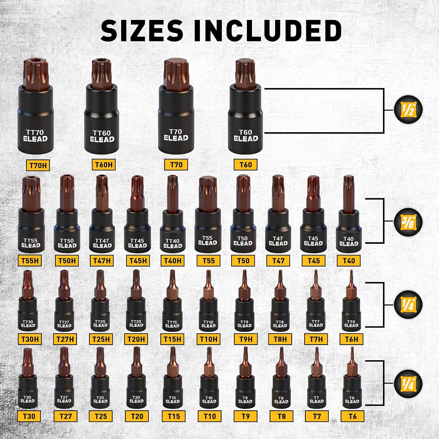 37-Piece Master Torx Bit Socket Set, 1/4", 3/8", 1/2" Drive Star & Tamper Proof T6-T70, T6H-T70H, Premium CR-V & S2 Alloy Steel, Ratchet Wrench, Sockets Adapter, High Torque for Automotive Mechanic