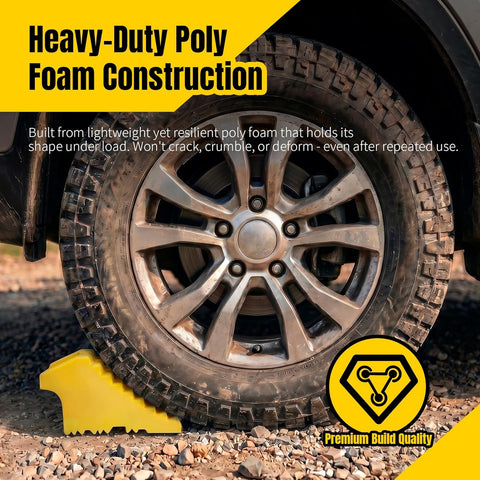 MaxxHaul High Visibility Poly Foam Wheel Chock 2-Pack | 8" x 4" x 4" Lightweight Tire Stop | Slip-Resistant Rubber Base | Built-in Handle | Safety Yellow (50503)