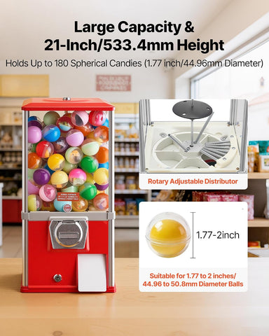 VEVOR Gumball Machine, 21 inch Candy Vending Machine Dispenser, 25-Cent Vending Machines for Shopping Malls, Supermarkets, Amusement Parks, Arcades, Holds Up to 180 1.77 inch Spherical Candies
