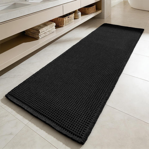 MIULEE Waffle Bathroom Runner Rugs Boho Large Bath Mat 2'x5'(24"x60") Black