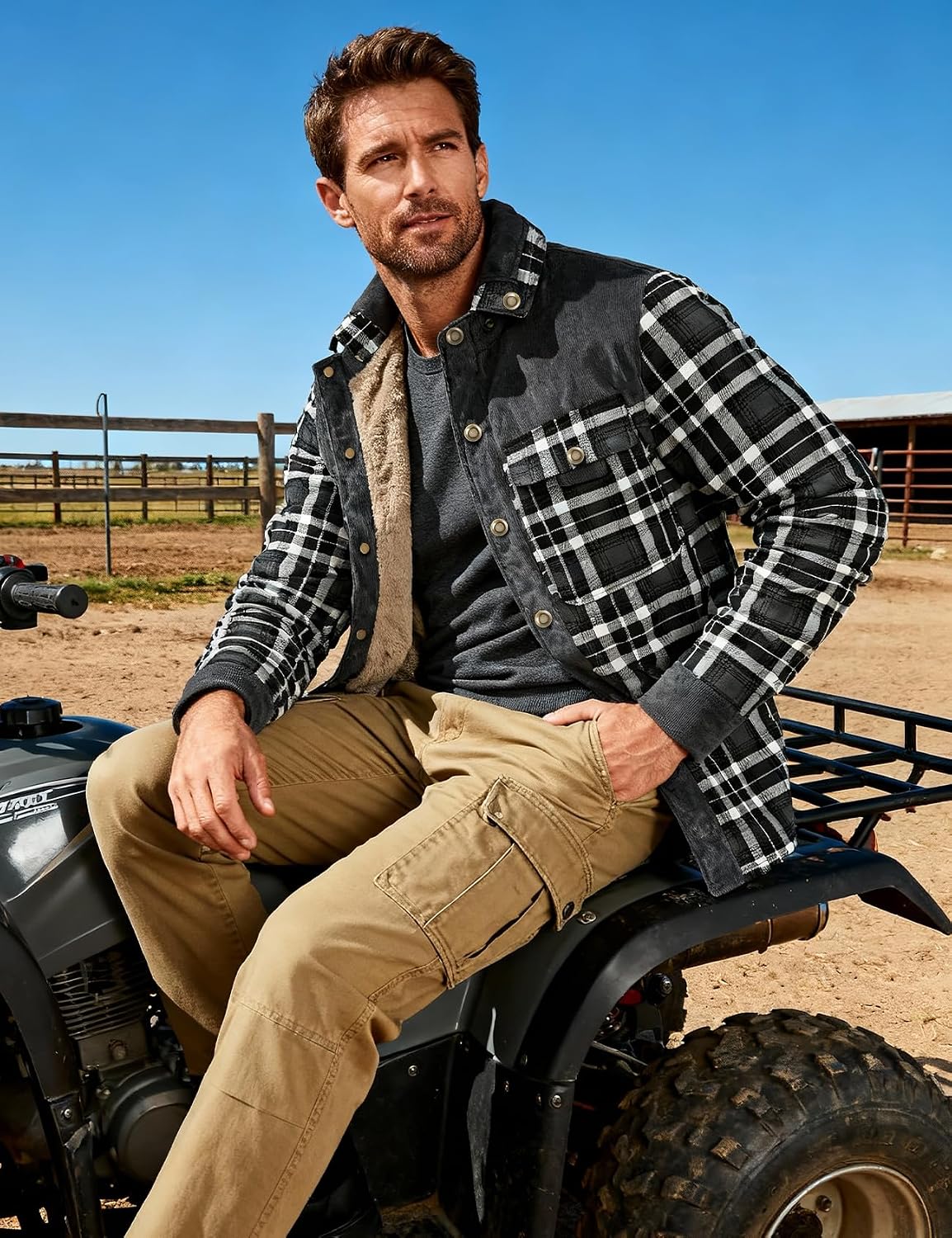 Flygo Men's Sherpa Lined Plaid Flannel Shirt Jacket Snap Button Warm Winter Jacket with Pockets