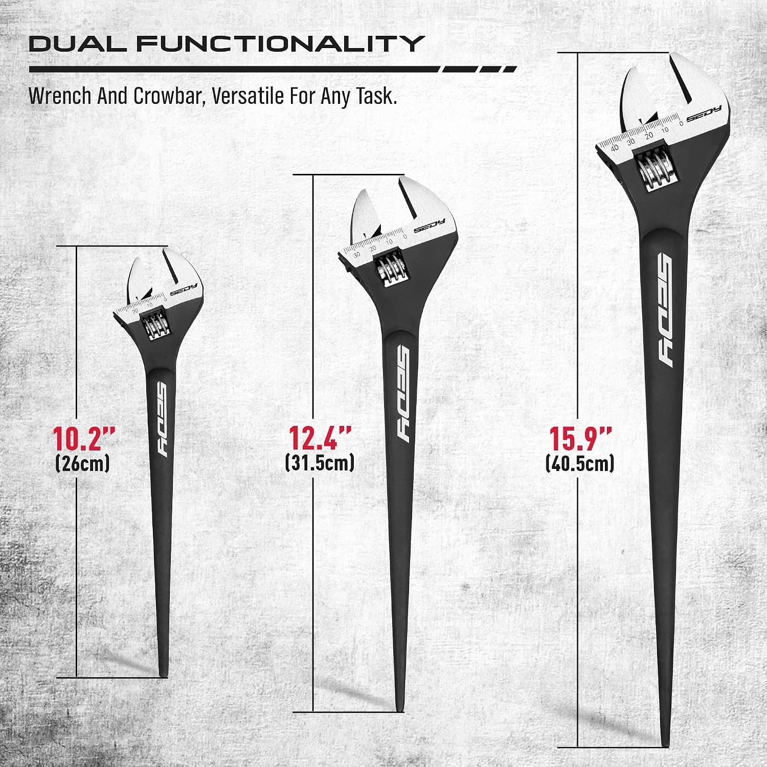 3-Piece Adjustable Spud Wrench Set, 10-inch, 12-inch, 16-inch, SAE and Metric Scale Marked, CR-V Steel with Black Oxide Finish