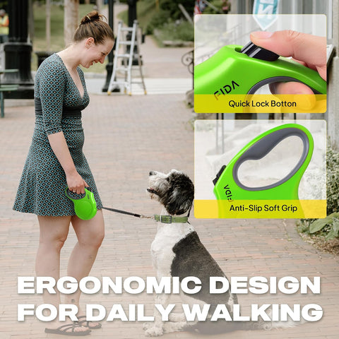 Fida Retractable Dog Leash, 16ft Heavy Duty Pet Walking Leash for Medium Dog or Cat up to 44 lbs, Tangle Free. One-Hand Brake (Medium, Green)