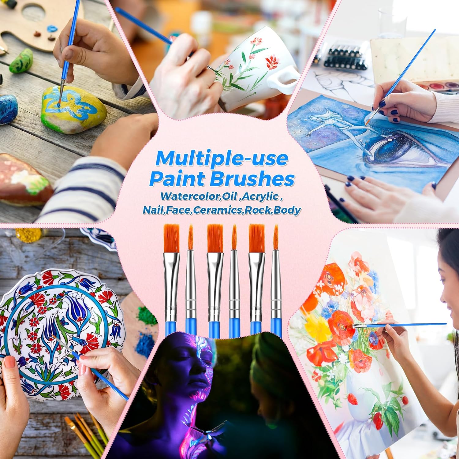 162 Pcs Paint Brushes Bulk, Round Flat Tip Acrylic Paint Brushes Set for Kids Classroom Crafts Oil Watercolor Canvases Face Painting Touch Up