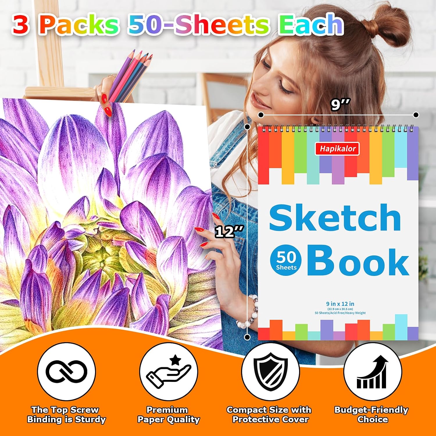 9" x 12" Journal Kit, 3-Pack 50 Sheets Spiral Bound Diary, Art Sketch Book