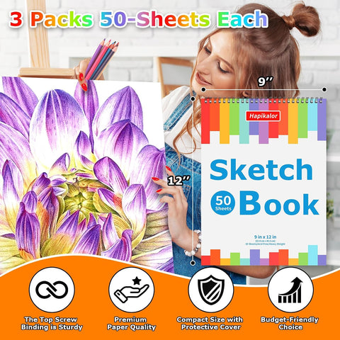 9" x 12" Journal Kit, 3-Pack 50 Sheets Spiral Bound Diary, Art Sketch Book