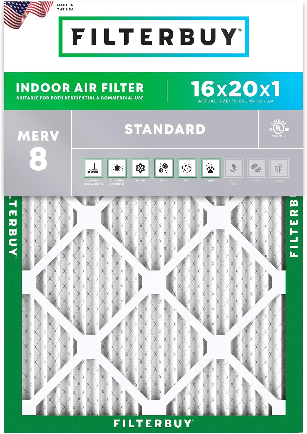 Filterbuy 16x20x1 Air Filter MERV 8 Dust & Allergy Defense (1-Pack)