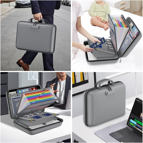 DocSafe Fireproof File Organizer with Lock, Hard-Shell Case Fireproof Document Box with 13 Pocket Accordion File Folder, Portable Home Office Travel Safe Storage for Important Documents Laptop Gray