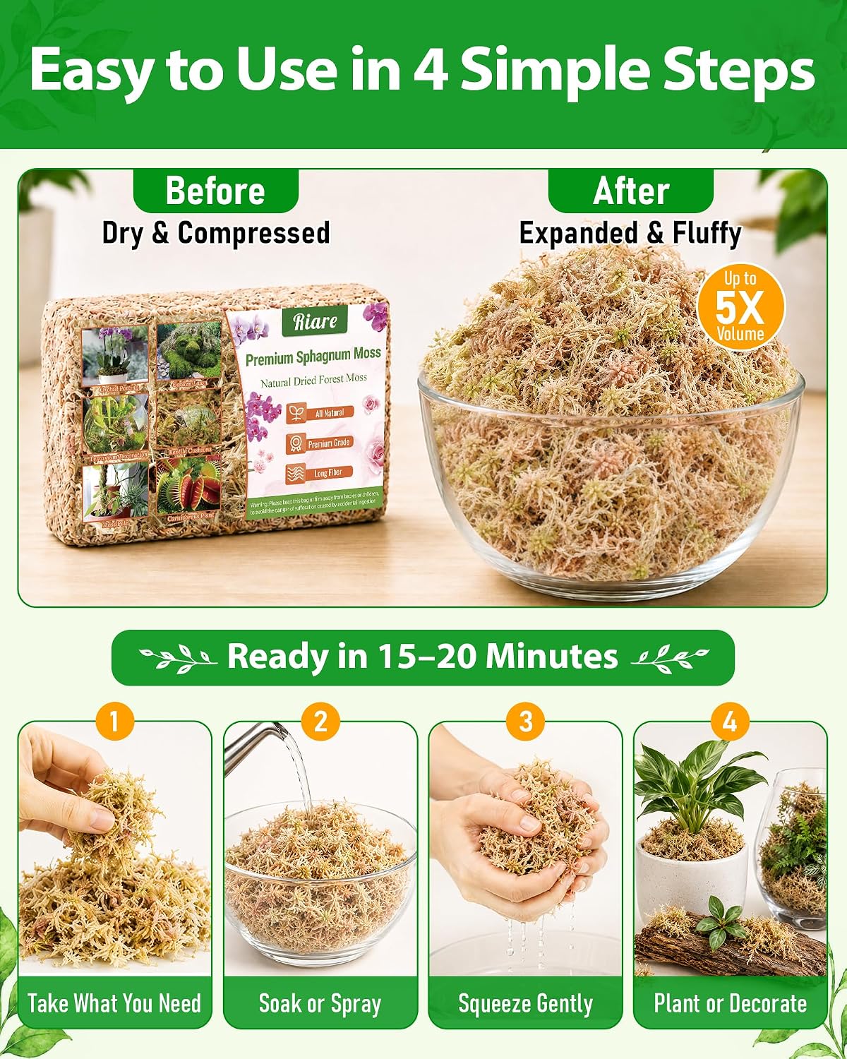 Riare 10OZ Premium Sphagnum Moss for Plants- Natural Long Fiber Plant Moss