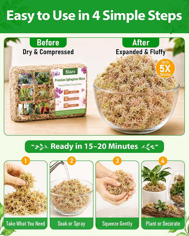 Riare 10OZ Premium Sphagnum Moss for Plants- Natural Long Fiber Plant Moss