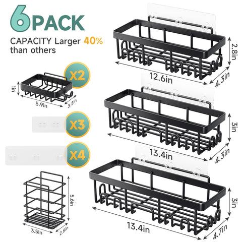 Veken Adhesive Shower Caddy 6-Pack, Large Capacity Bathroom Organizers and Storage, Rustproof Shelves Rack with Soap Holder, No Drilling Wall-Mounted Kitchen & Home Decor, Bath Decor&Essentials, Black