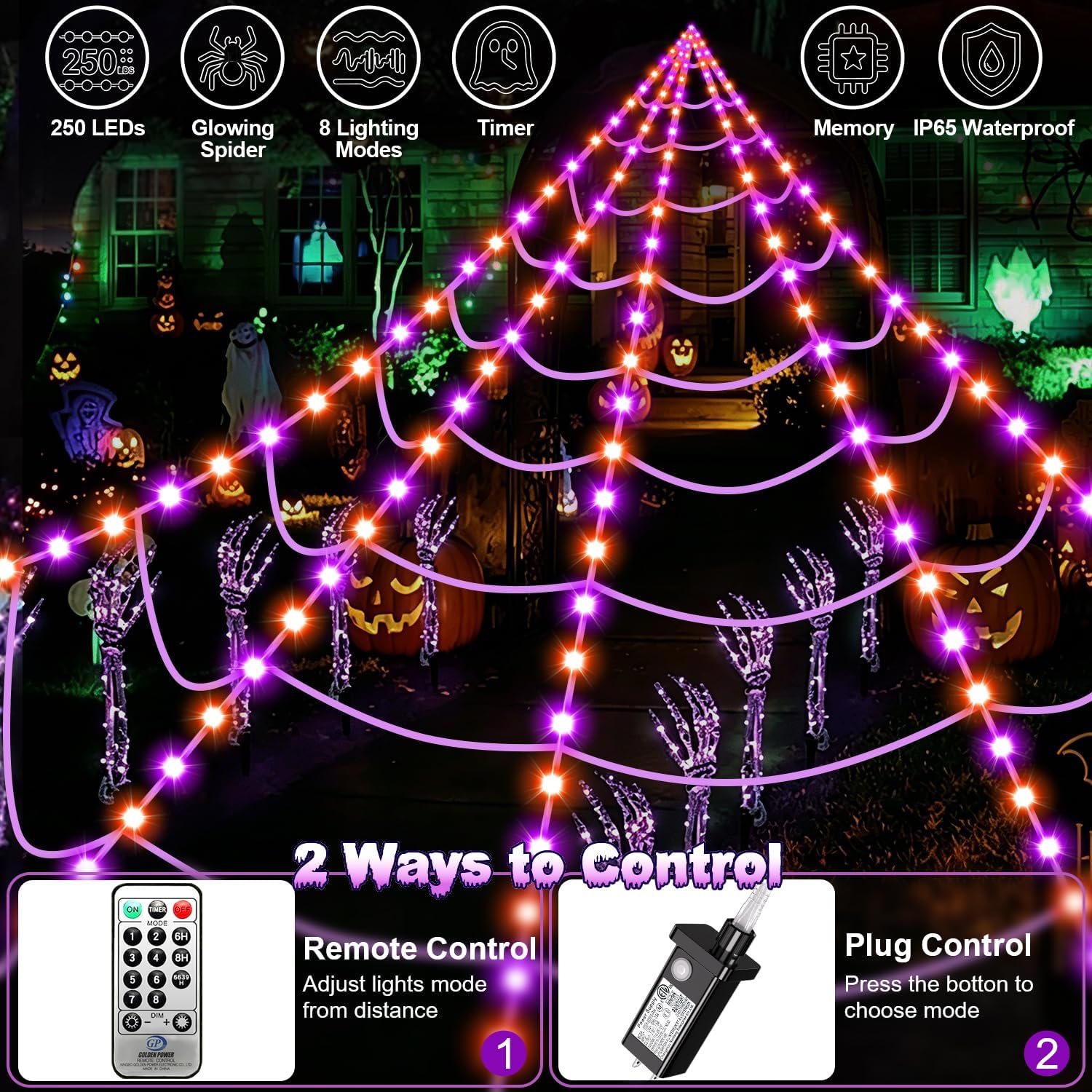 Halloween Decorations Outdoor, 250 LED Halloween Giant Spider Web Lights, 200" Lighted Spiderweb Light up with 8 Modes for Yard Haunted House Decor, Remote Control Without Spider Purple Orange