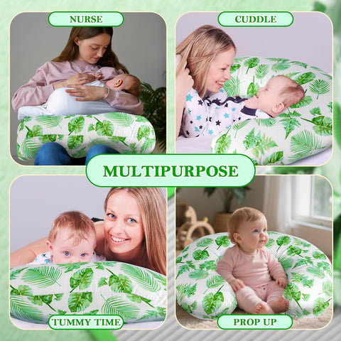 Nursing Pillow - Breastfeeding Pillow with Breathable Filling & Removable Cover, Ergonomic Support for Breastfeeding & Bottle (Big Green Leaves,0-12 Months)