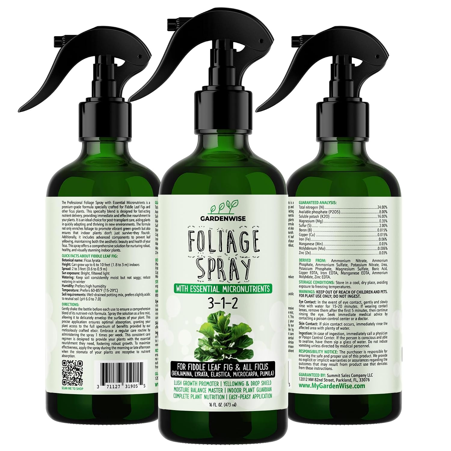GARDENWISE 3-1-2 Fiddle Leaf Fig Foliar Spray - Plant Shine & Fertilizer - Premium Spray for Indoor Plants with Essential Nutrients - Fiddle Leaf Fig Plant Food & Fertilizer - Ready-to-Use (8 OZ)