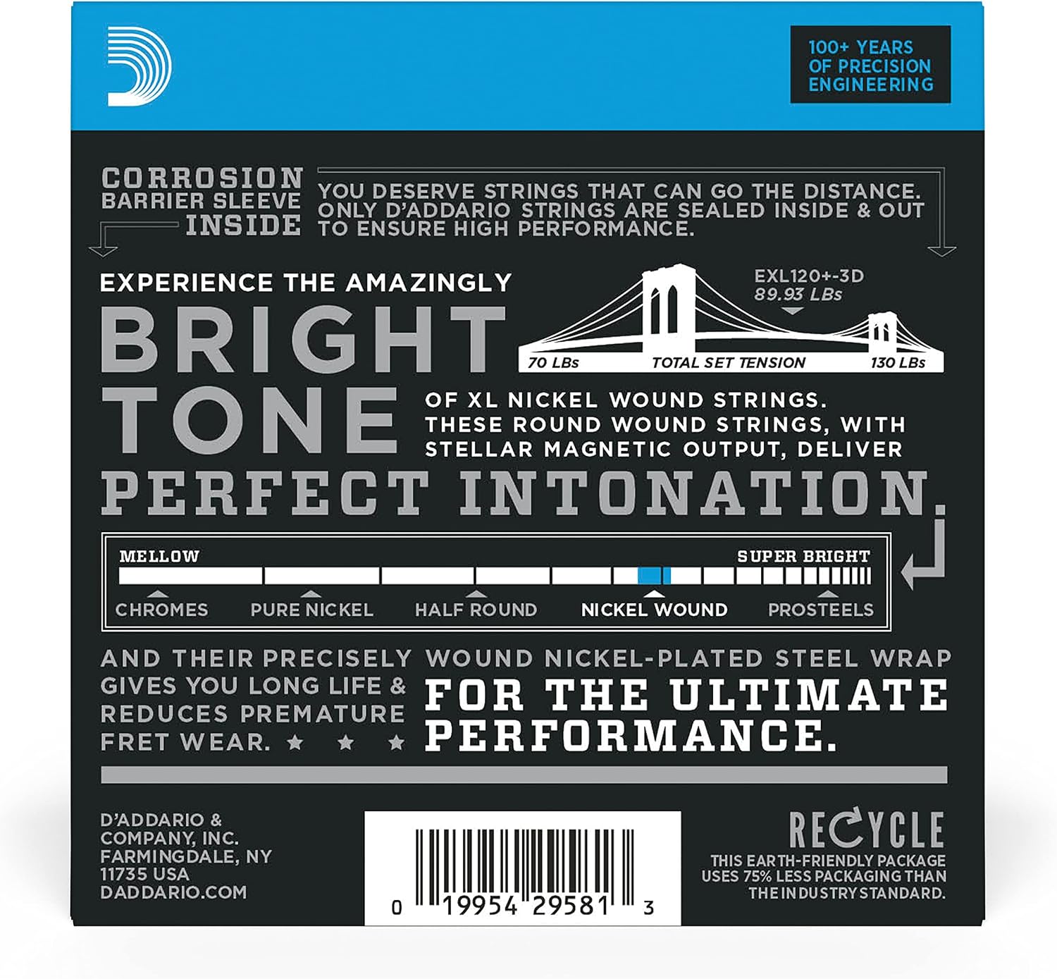 D'Addario XL Nickel EXL120+-3D Electric Guitar Strings, 9.5-44, 3 Sets