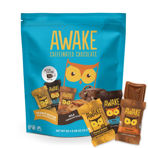 AWAKE - Caffeinated Chocolate Bites - 50mg Caffeine - Variety Pack (3 Flavors), 50 pieces - Peanut Butter, Milk, & Caramel - Energy Bites - Coffee Alternative - Fairtrade, Gluten Free, Non GMO - 0.48oz