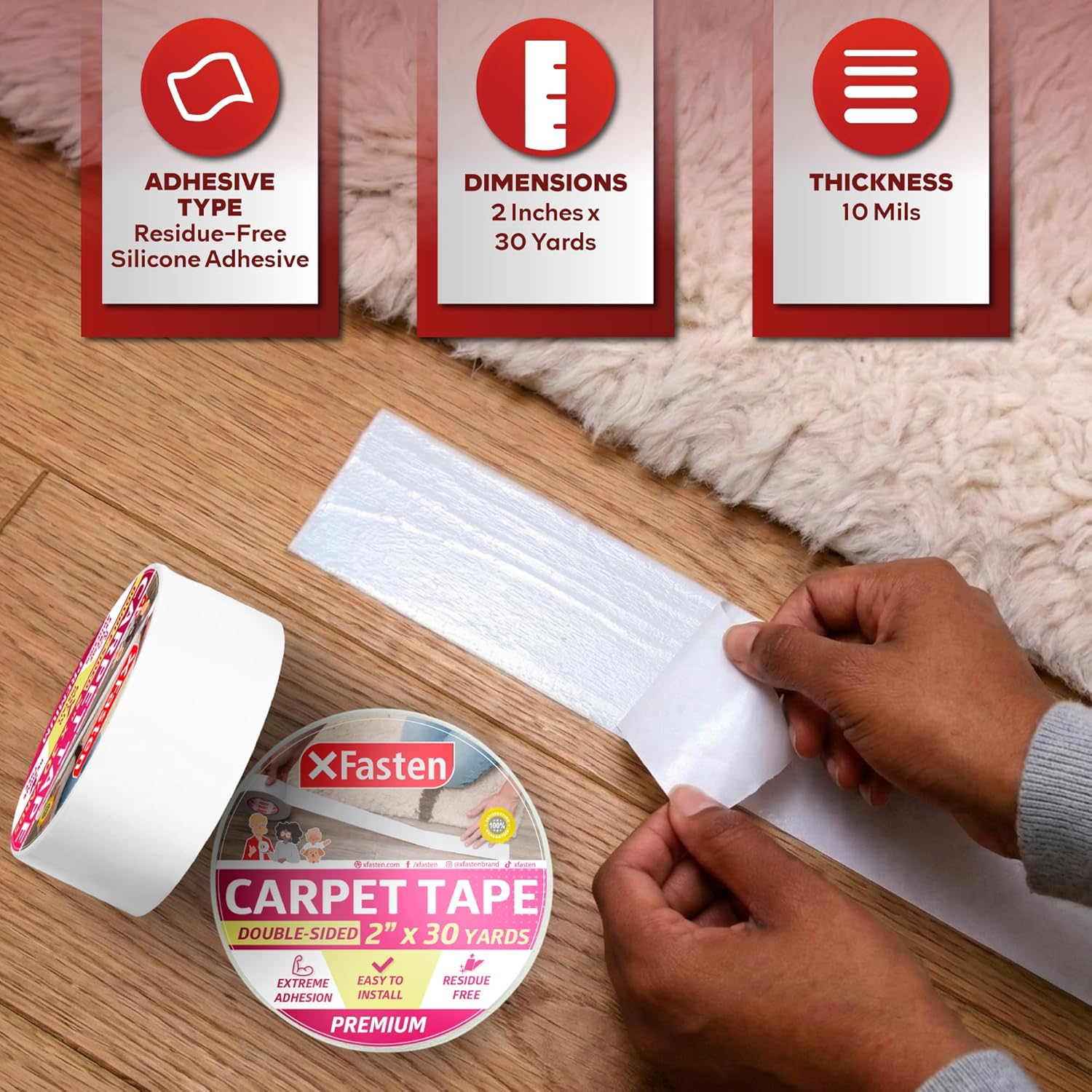XFasten Double Sided Carpet Tape for Area Rugs 2 Inch x 90 Ft No Residue
