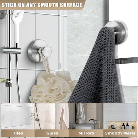 Suction Cup Hooks for Shower No-Drill Bathroom Hooks for Towels, Robes, Loofah Mountable on Bathroom Walls, Kitchen, Glass, Mirrors, Tile and Smooth,Non-Porous Surfaces (2, Brushed Nickel)
