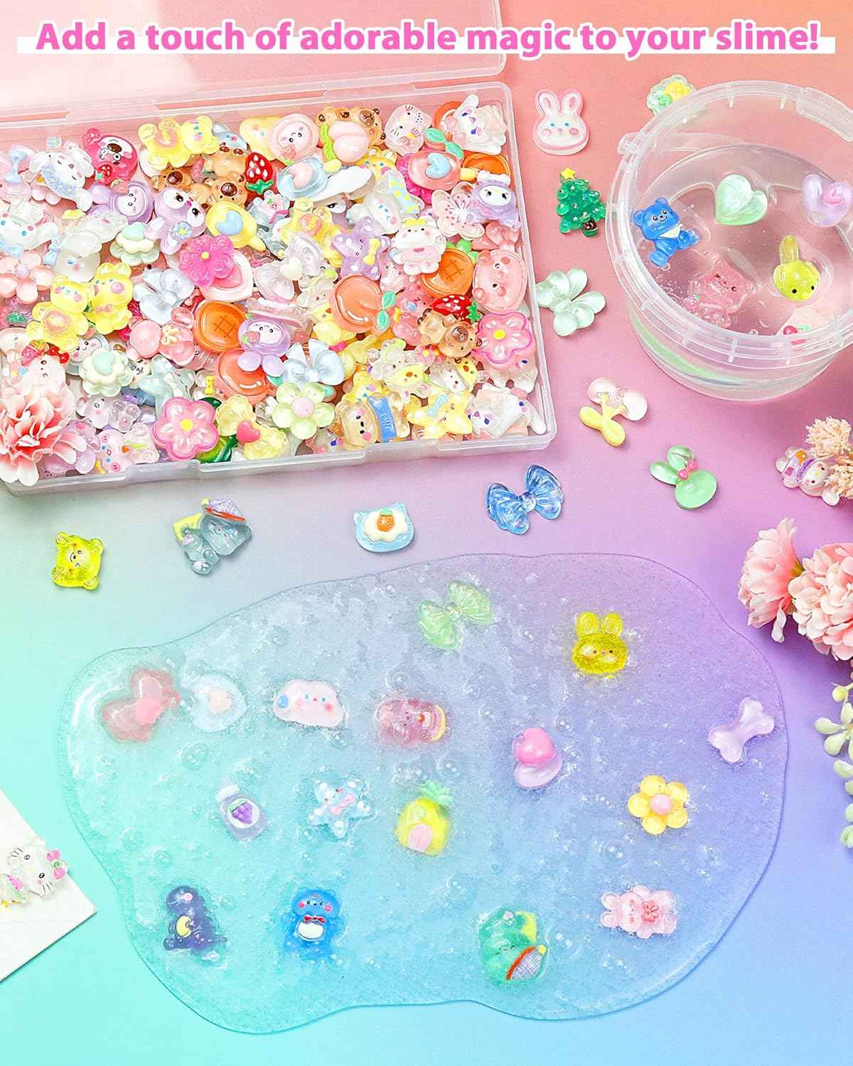FIVEIZERO 100PCS Cute Slime Charms, Kawaii Flatback Resin Charms