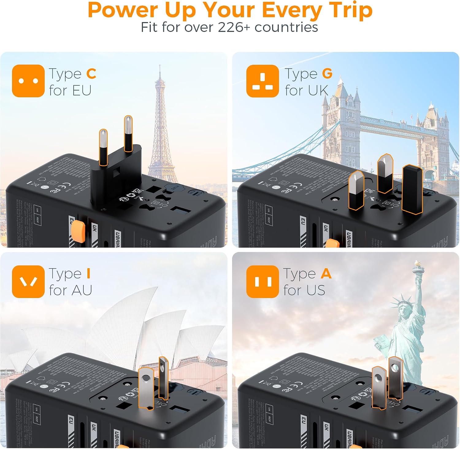 TESSAN Universal Travel Adapter, 140W GaN, Black