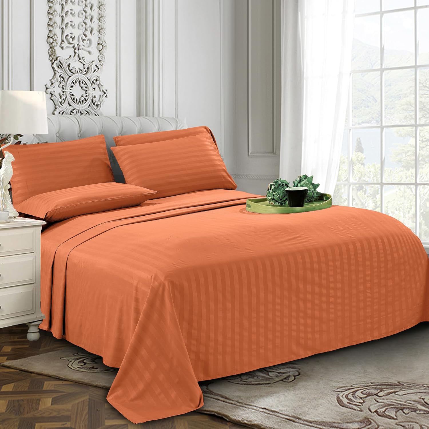 Elegant Comfort 6-Piece Damask Stripe Sheet Set, Cal King, Coral