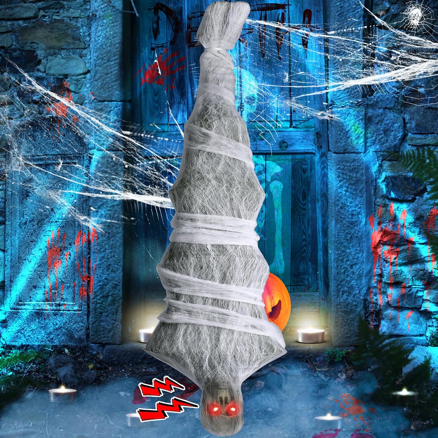 Halloween Decorations, 72 inches Scary Hanging Cocoon Corpse Props with Spooky Sound Effect and Lighted LED Eyes, Halloween Decorations Outdoor for Garden Lawn Indoor