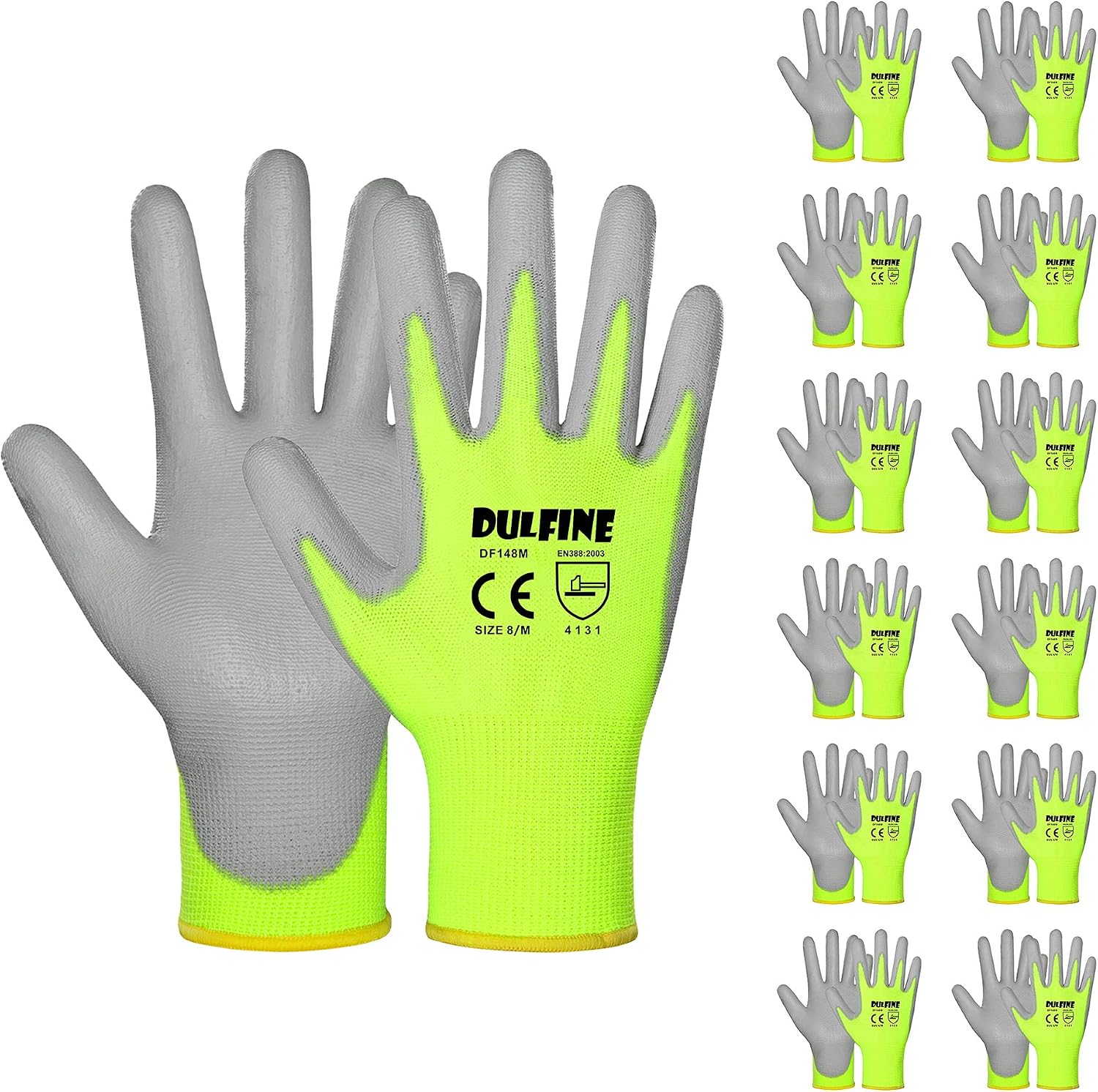 DULFINE Safety Work Gloves for Men & Women 12 Pairs, PU Coated Yellow XL