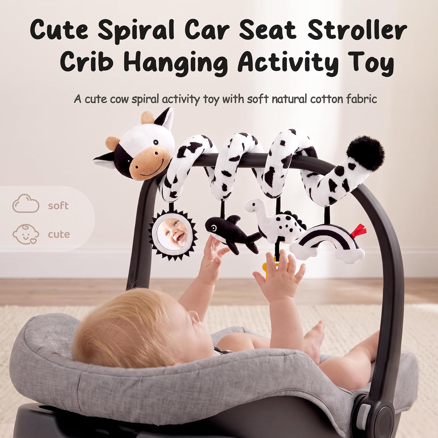 Spiral Car Seat Baby Toys 0-6 Months, Infant Carseat High Contrast Sensory Toys Hanging Stroller Accessories, Newborn Shower Gifts for Baby Boys Essentials Stuff, Cute Black and White Cow