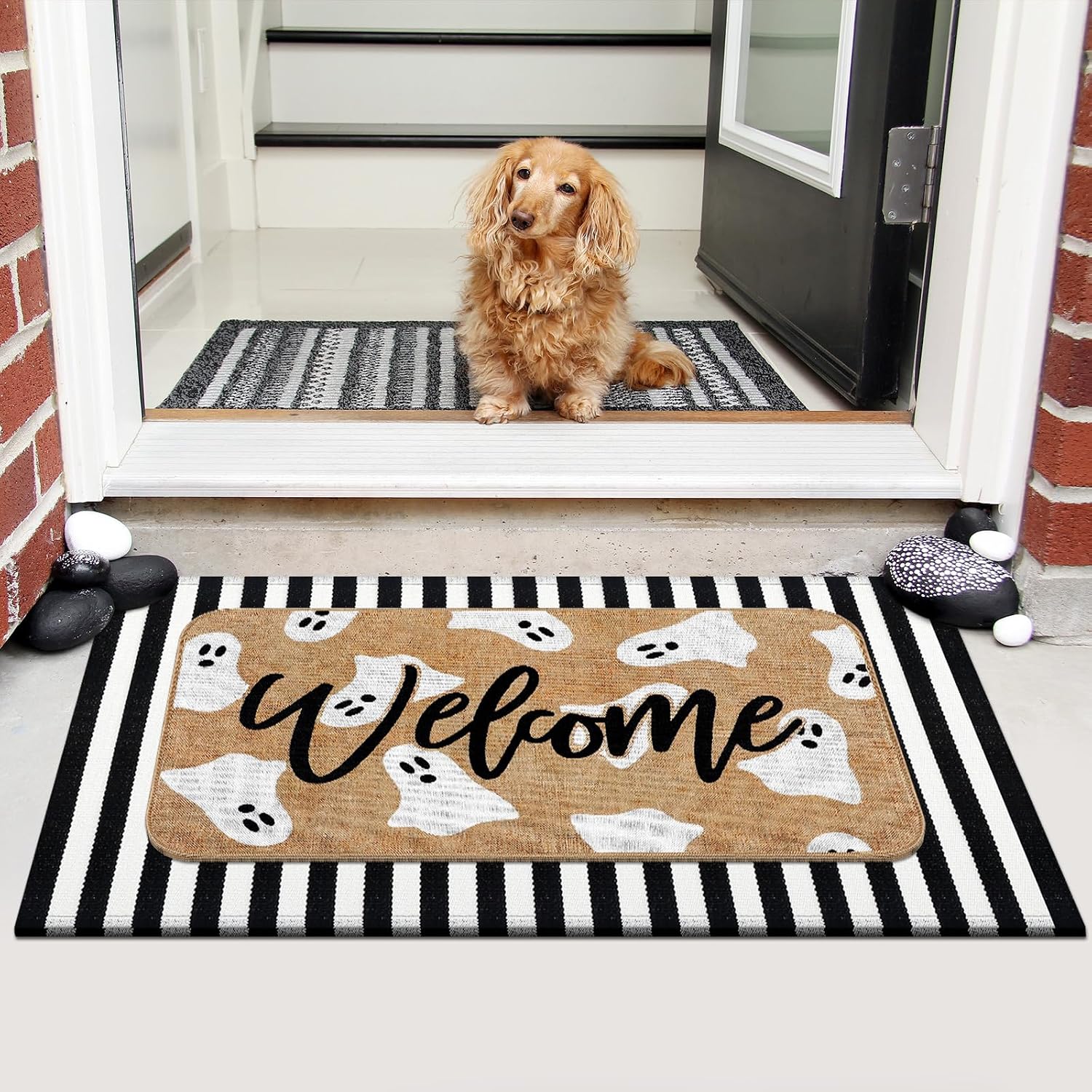 Tinideya 2 Pcs Halloween Door Mat Set, Outdoor Ghost Welcome Front Rug
