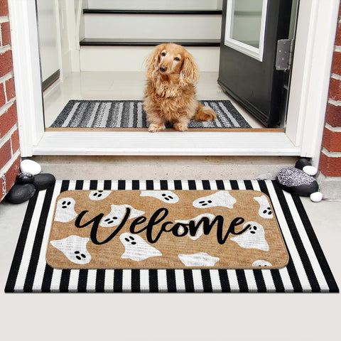 Tinideya 2 Pcs Halloween Door Mat Set, Outdoor Ghost Welcome Front Rug