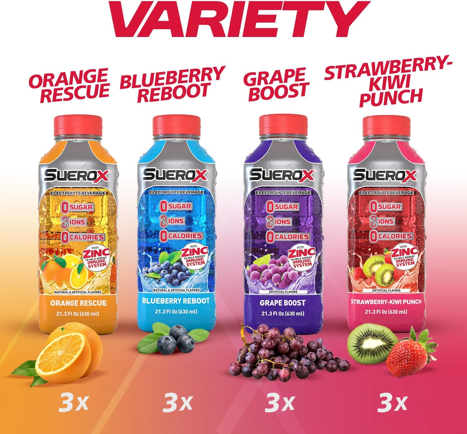 SueroX Sugar Free Electrolyte Drink, Variety Pack, 21.3 Fl Oz, 12 Count