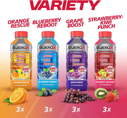 SueroX Sugar Free Electrolyte Drink, Variety Pack, 21.3 Fl Oz, 12 Count