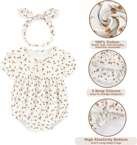MAMIMAKA Newborn Baby Girl Clothes Cotton Bubble Romper Floral Short Sleeve Bodysuit 3 Pack