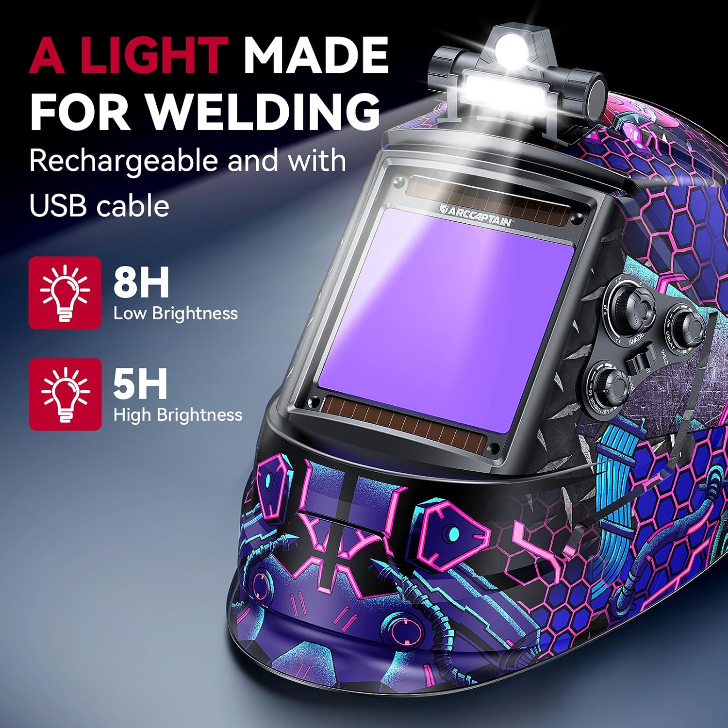 ARCCAPTAIN Auto Darkening Welding Helmet with Light, 3.94"X3.66" Large View