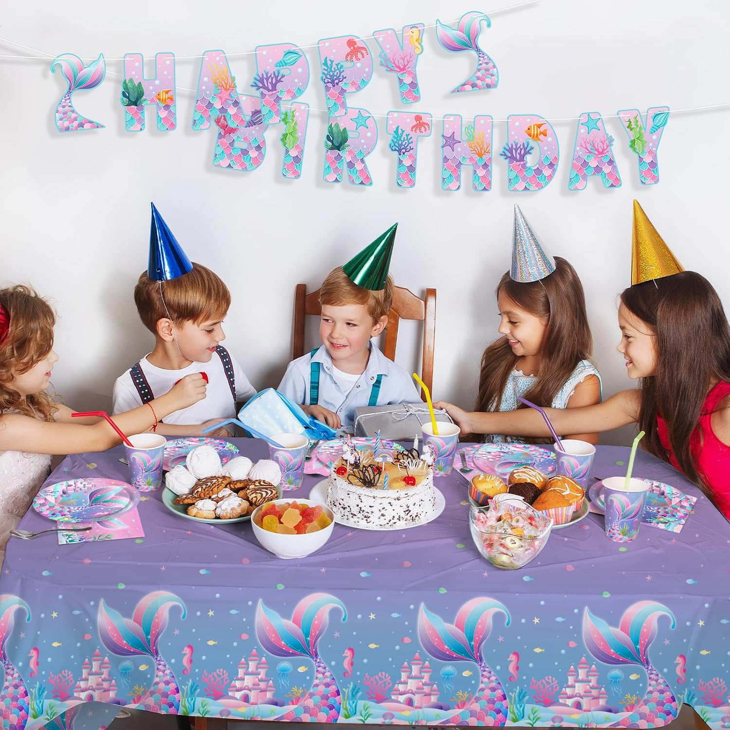 Gatherfun Mermaid Party Supplies Set: 2-Pack Rectangular Plastic Tablecloths, 54 x 108 Inches, Purple (Gradient) Mermaid Pattern, Kids & Girls 1st Birthday Decorations