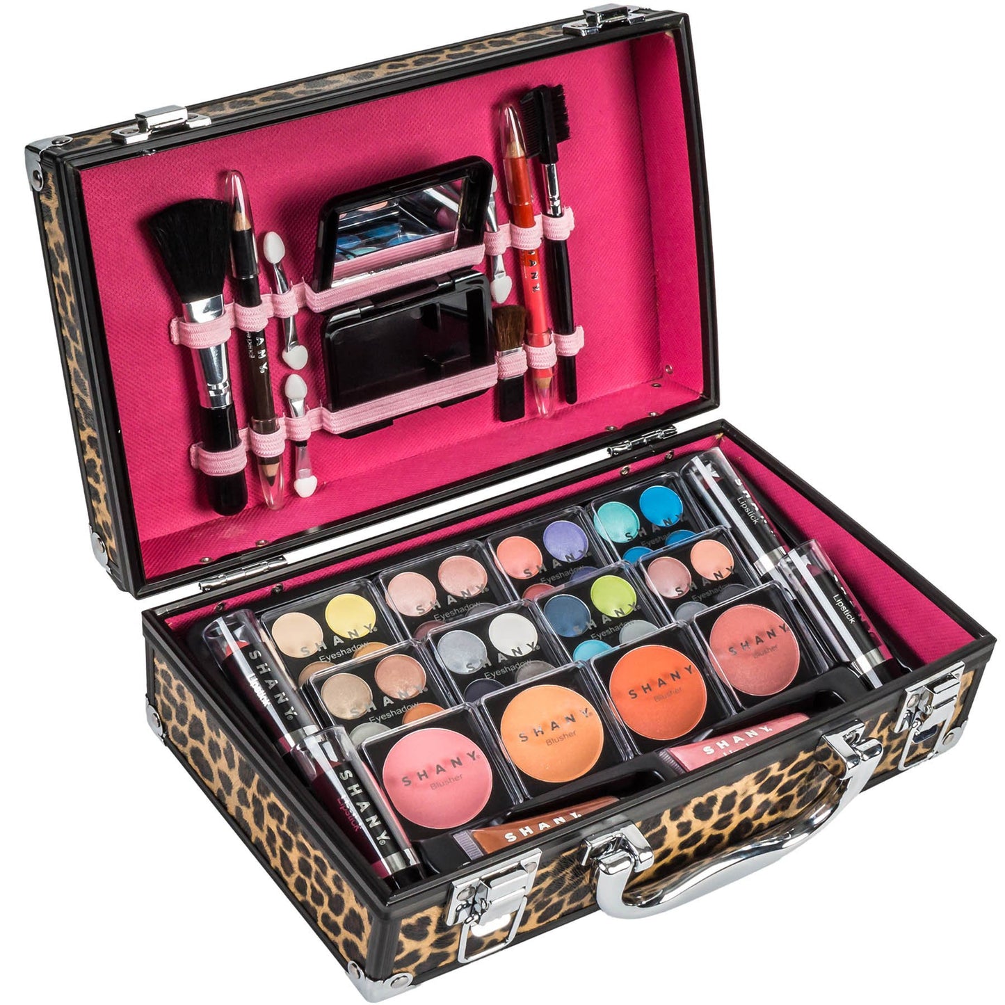 SHANY Carry All Makeup Train Case with Pro Makeup Set, Makeup Brushes, Lipsticks, Eye Shadows, Blushes, Powders, and more - Reusable Makeup Storage Organizer - Premium Gift Packaging - Leopard