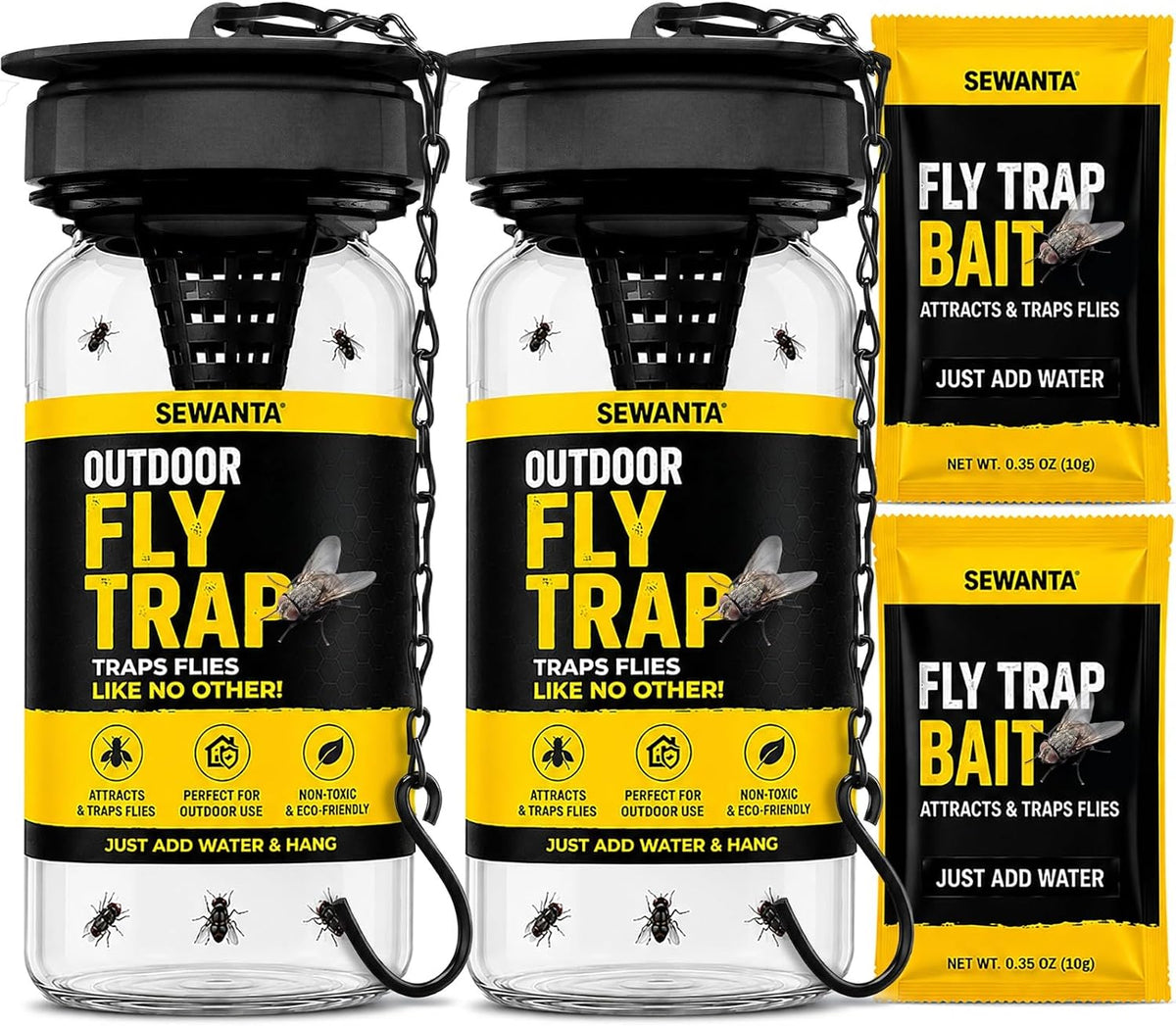 Outdoor Fly Trap [2 Pack] Fly Traps Outdoor with Dissolvable Non-Toxic Bait - Controls Flies for Patios, Hanging Fly Traps with Tie Included