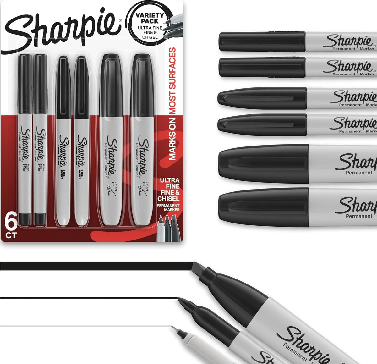 Sharpie Permanent Markers Variety Pack, Includes Chisel, Fine, and Ultra-Fine Tips, Black, 6 Count - Poster, Office, School Supplies