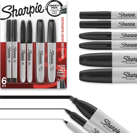 Sharpie Permanent Markers Variety Pack, Includes Chisel, Fine, and Ultra-Fine Tips, Black, 6 Count - Poster, Office, School Supplies