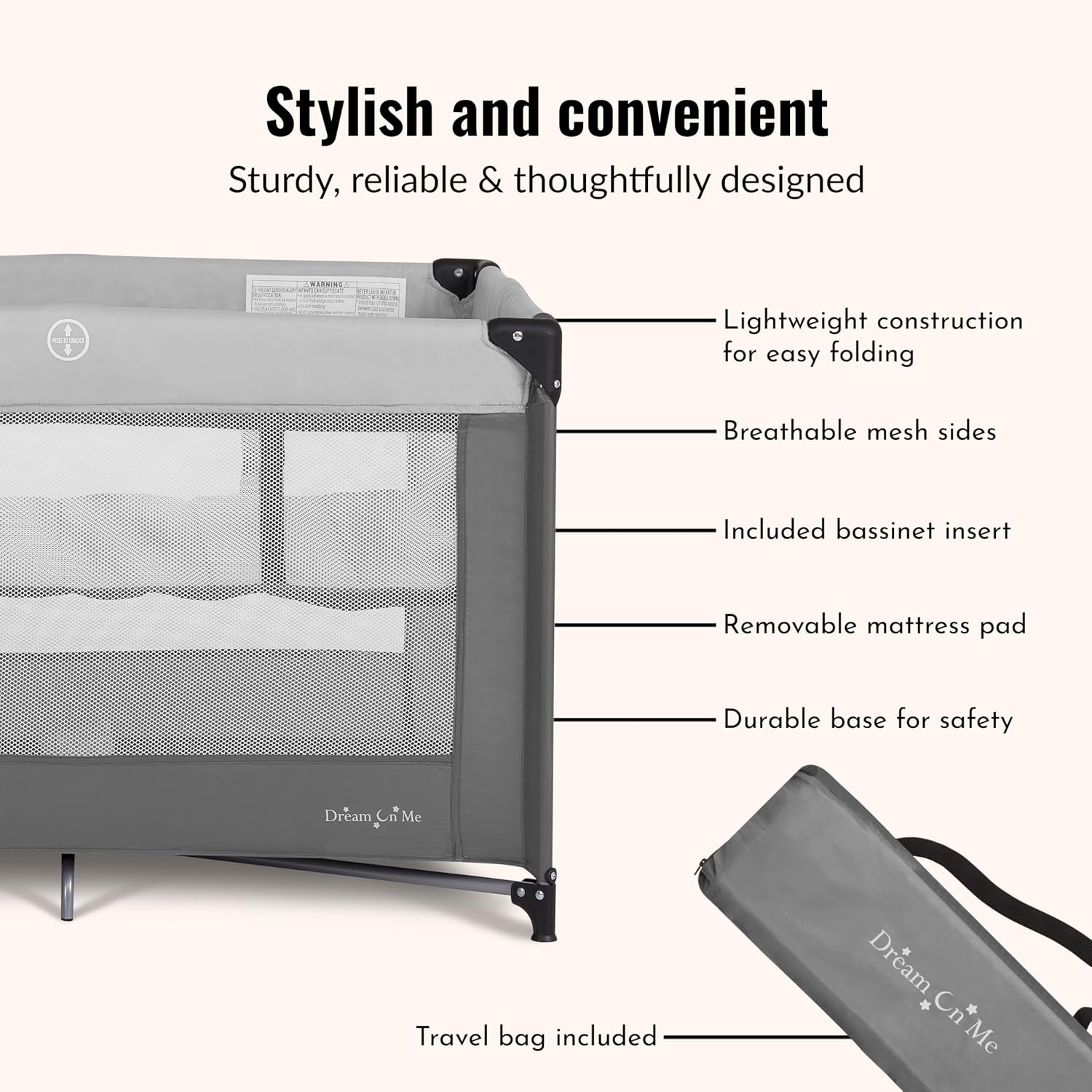Dream On Me Zazzy Portable Baby Playard with Bassinet, Travel Carry Bag