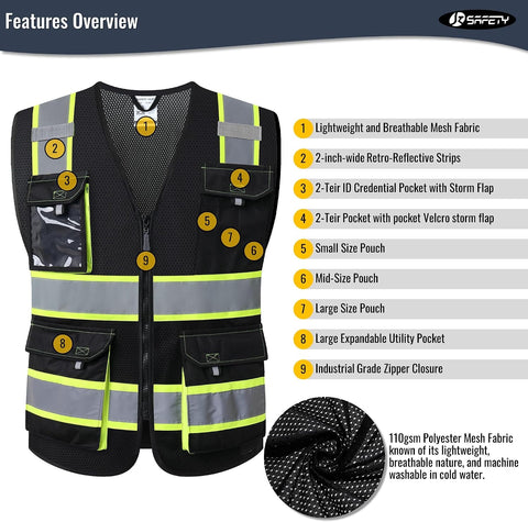 JKSafety Safety Vest for Men Women Hi Vis Reflective Vest JK220 Black 2XL
