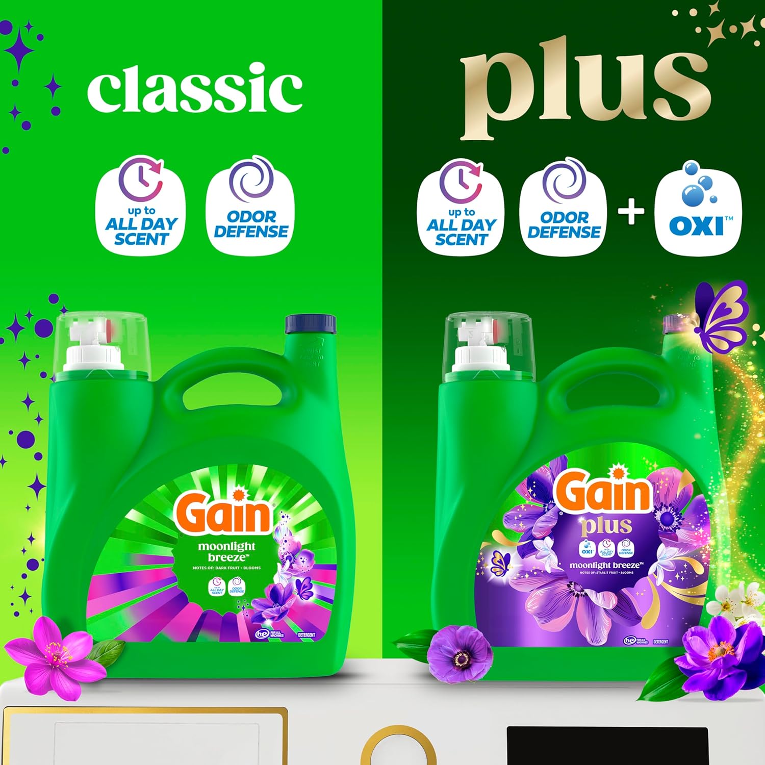 Gain Plus Liquid Laundry Detergent, Cleaner, Fresher, Now with Oxi, Moonlight Breeze Scent, 99 fl oz, 75 Loads