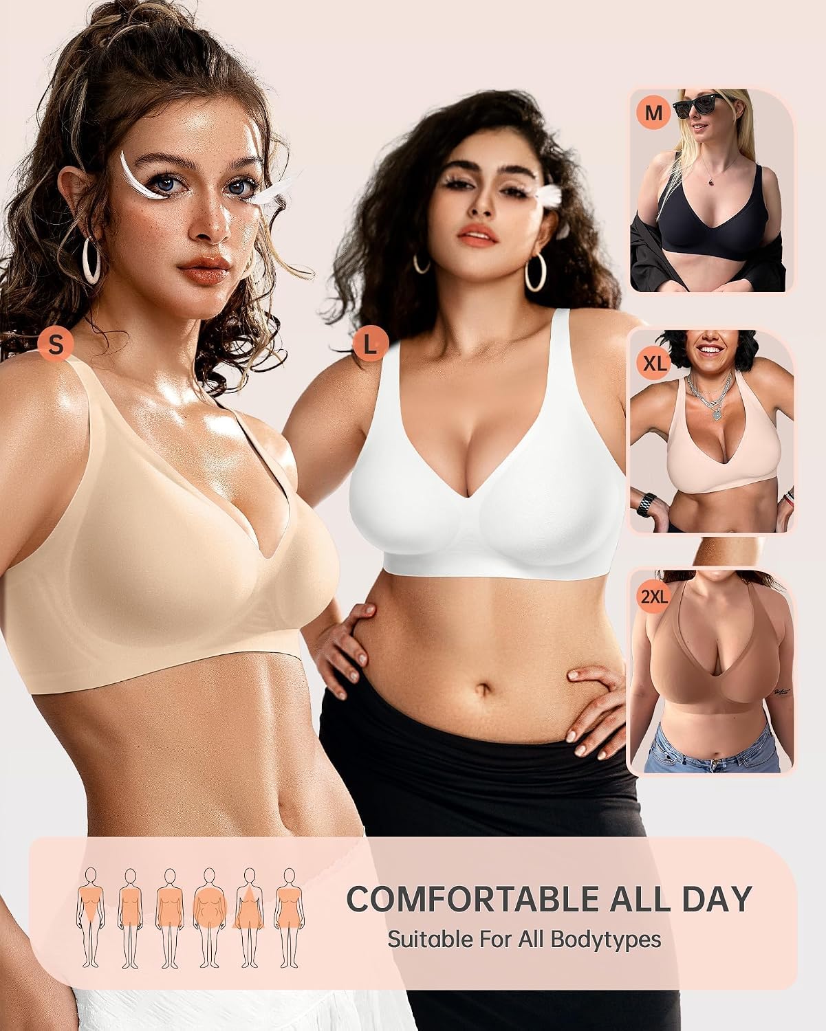 OEAK Womens Jelly Bras Wireless Deep V Comfy Push Up Tshirt Bras XXL Beige