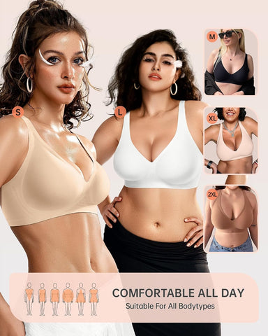 OEAK Womens Jelly Bras Wireless Deep V Comfy Push Up Tshirt Bras XXL Beige