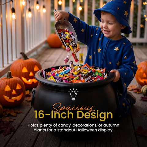 Union Products Black 16 Inch Spooky Witch Cauldron for Indoor and Outdoor Halloween Decoration and Trick or Treat Candy Container, Black