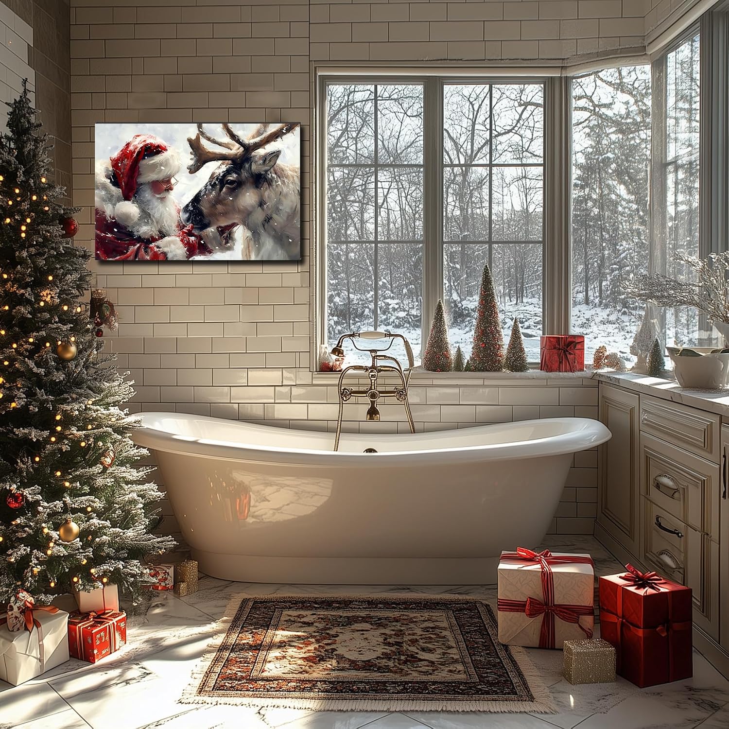 Santa's Reindeer Framed Christmas Canvas Wall Art for Living Room, Winter Pictures Wall Decor Painting Prints for Bedroom, Santa Christmas Art, 24x36 Poster Artwork for Wall Decorations