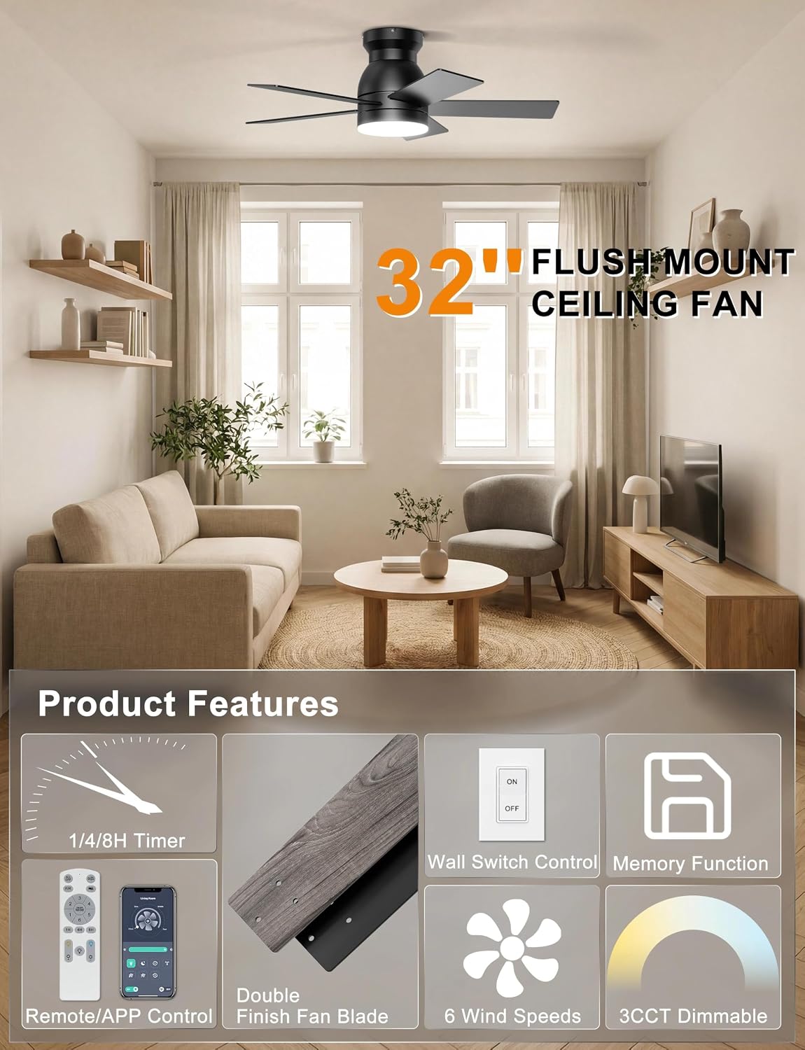 Ohniyou 32'' Low Profile Ceiling Fan with Lights, Remote/APP Control, Black