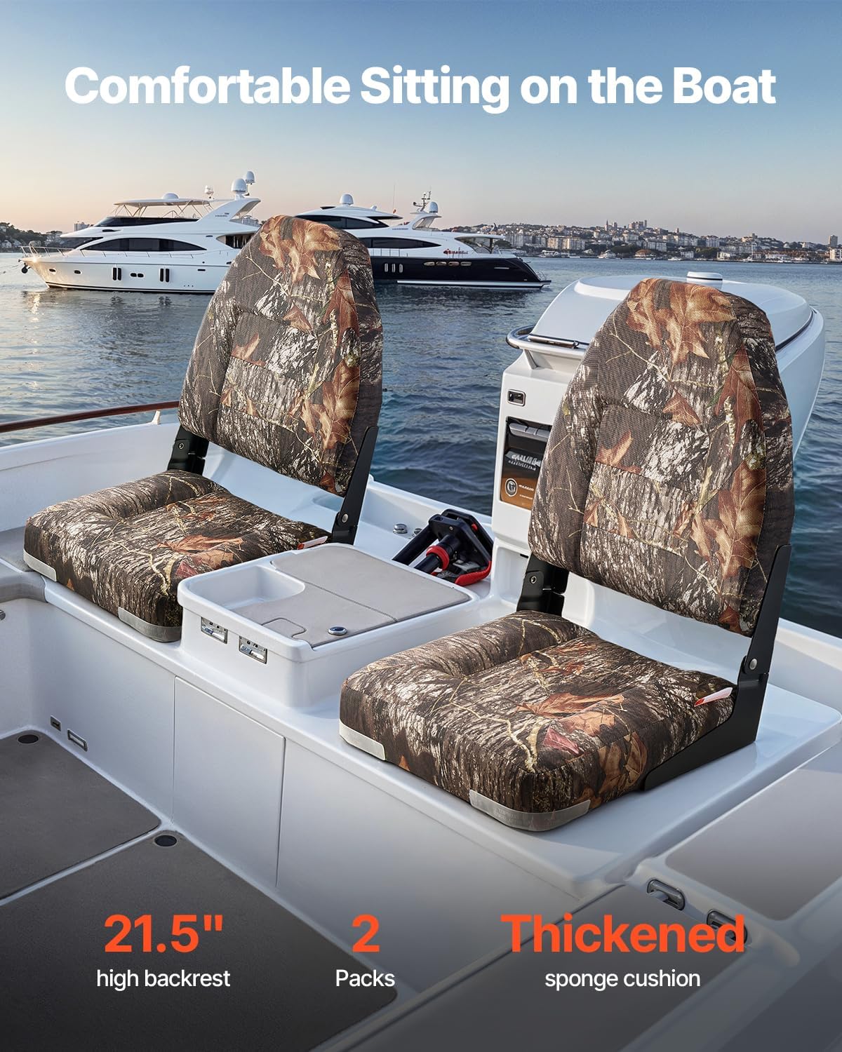 VEVOR Camo Boat Seat, Folding Fishing Camouflage High Back Boat Seat 2 Pack with Thickened Sponge Cushion & PU Polyester Fabric, Aluminum Alloy Hinges, Flip Up for Boats, Yachts, Ships